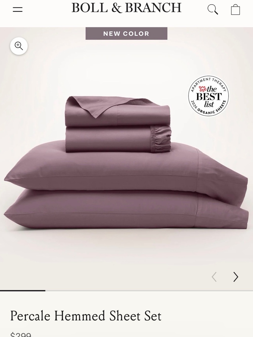 Boll & Branch Percale Hemmed Sheet Set - Plum King NWT